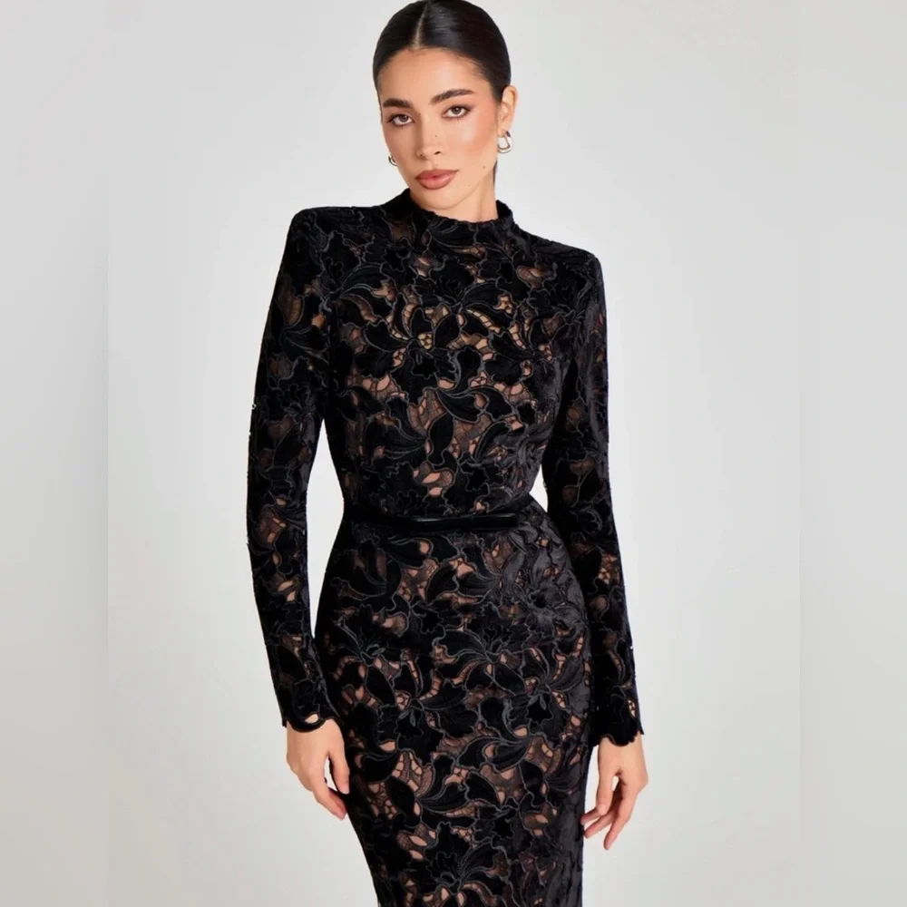 NADINE MERABI Black Floral Lace Long-Sleeve Midi Dress